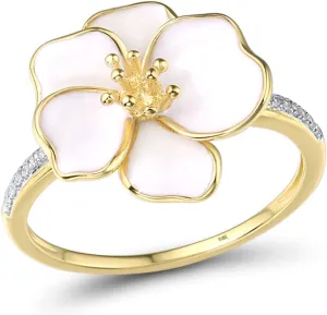 Santuzza 10K Yellow Solid Gold Enamel Flower Genuine Diamond Ring for Women