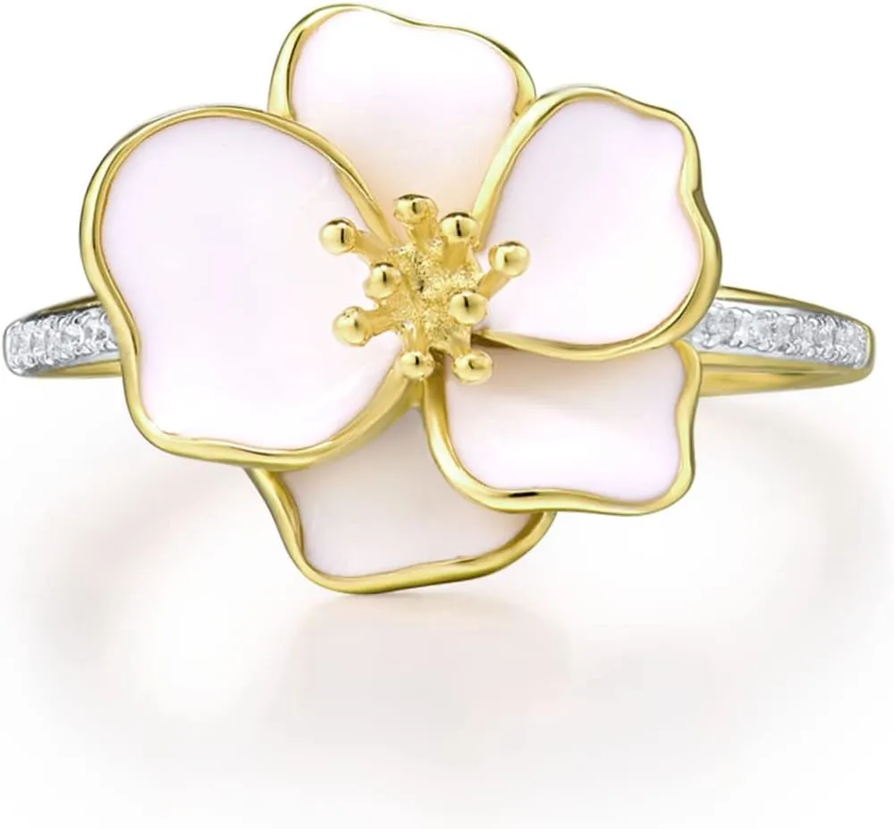 Santuzza 10K Yellow Solid Gold Enamel Flower Genuine Diamond Ring for Women