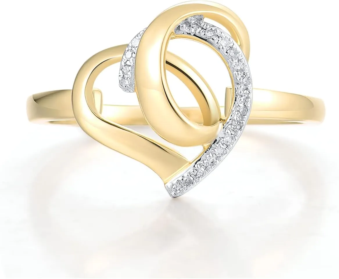 Santuzza 10K Yellow Solid Gold Love Heart Ring Genuine Diamond Dainty Heart Ring for Women