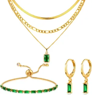 Sasylvia 3 Pcs Emerald Jewelry Set Green and Gold Jewelry for Women Zirconia Layered Necklace Emerald Bracelets Earrings Birthday Anniversary Trendy Gifts for Mom Wife Friend