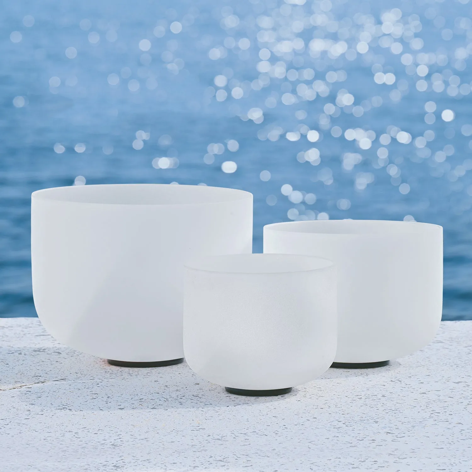 Set of 3 White Frosted Quartz Crystal Singing Bowls - Harmonize Your Space - Chakra-Tuned 8"D, 10"G, 12"A.
