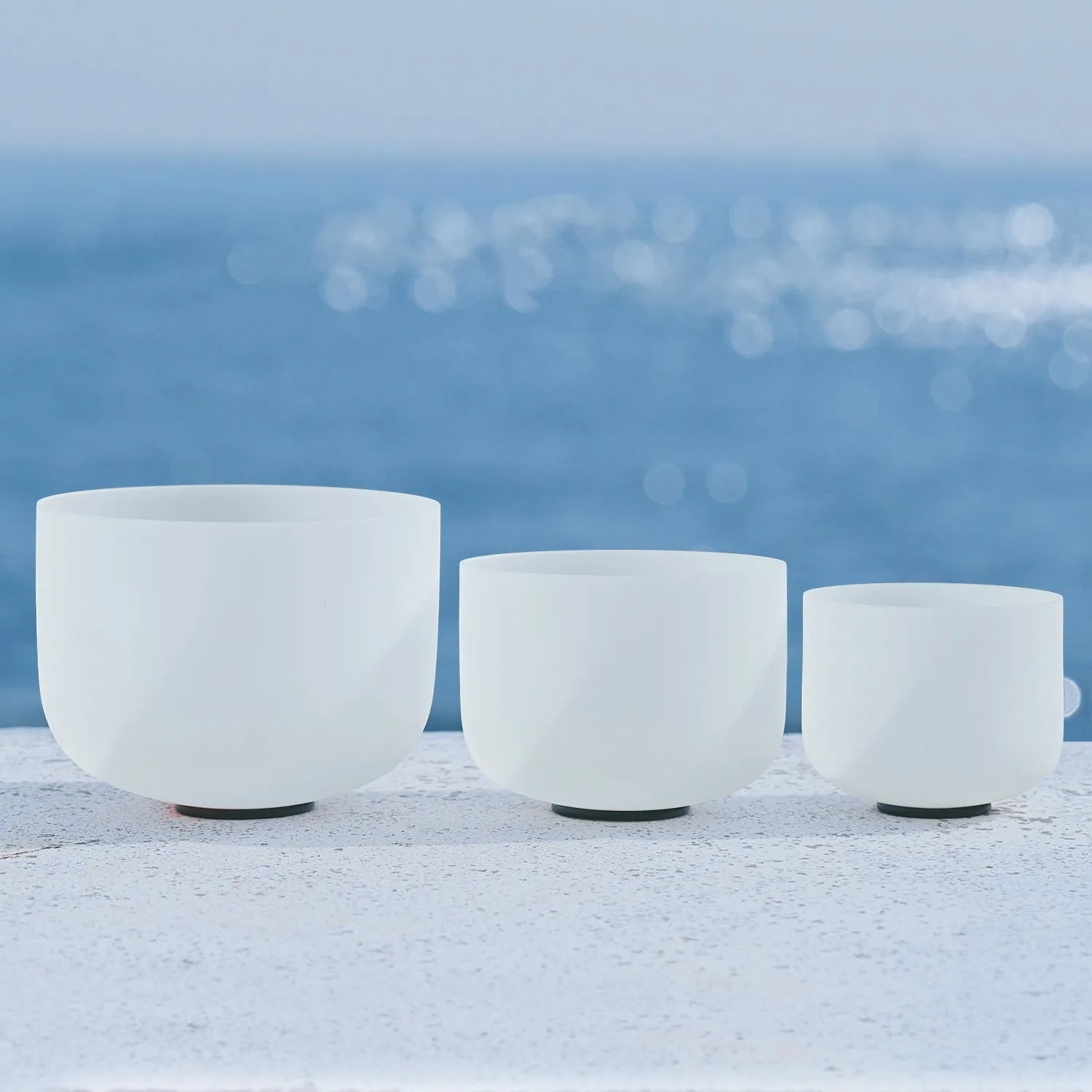 Set of 3 White Frosted Quartz Crystal Singing Bowls - Harmonize Your Space - Chakra-Tuned 8"D, 10"G, 12"A.