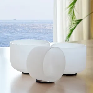 Set of 3 White Frosted Quartz Crystal Singing Bowls - Harmonize Your Space - Chakra-Tuned 8"D, 10"G, 12"A.