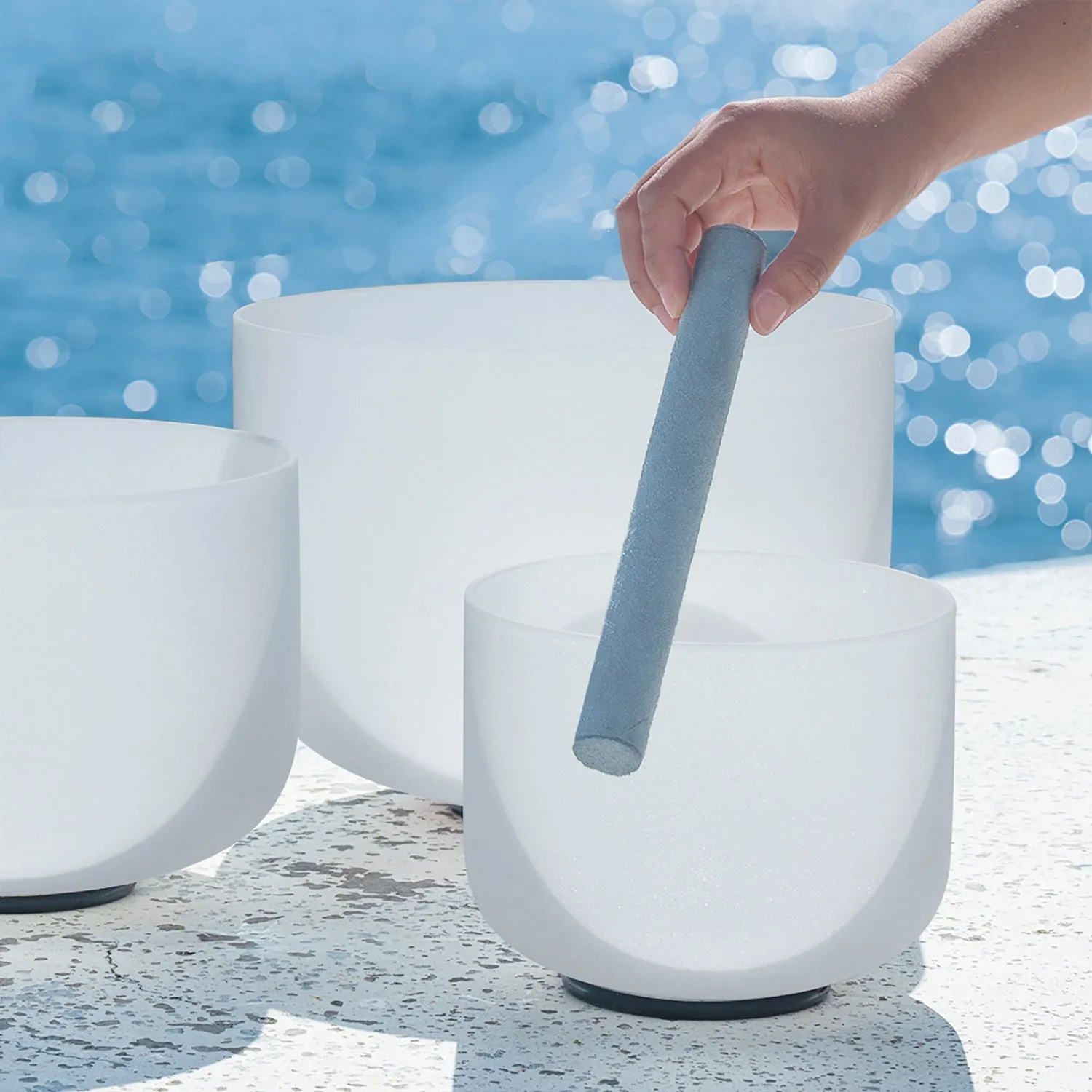 Set of 3 White Frosted Quartz Crystal Singing Bowls - Harmonize Your Space - Chakra-Tuned 8"D, 10"G, 12"A.