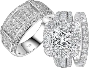 SHELOVES Brilliant CZ Couple Wedding Ring Sets 925 Sterling Silver His and Hers Promise Ring Sz 7.5 11