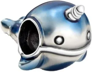 Shimmering Narwhal Charm Sterling Silver Blue Enamel Whale Bead fit European Bracelet