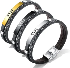 SHNIAN 10MM Double Strand Leather Tricolor Set Titanium Steel Material Jewish Prayer Charm Adjustable Bracelet Modern Blessing Cuff Wristbands Hebrew Engraving - Yahuah YHWH