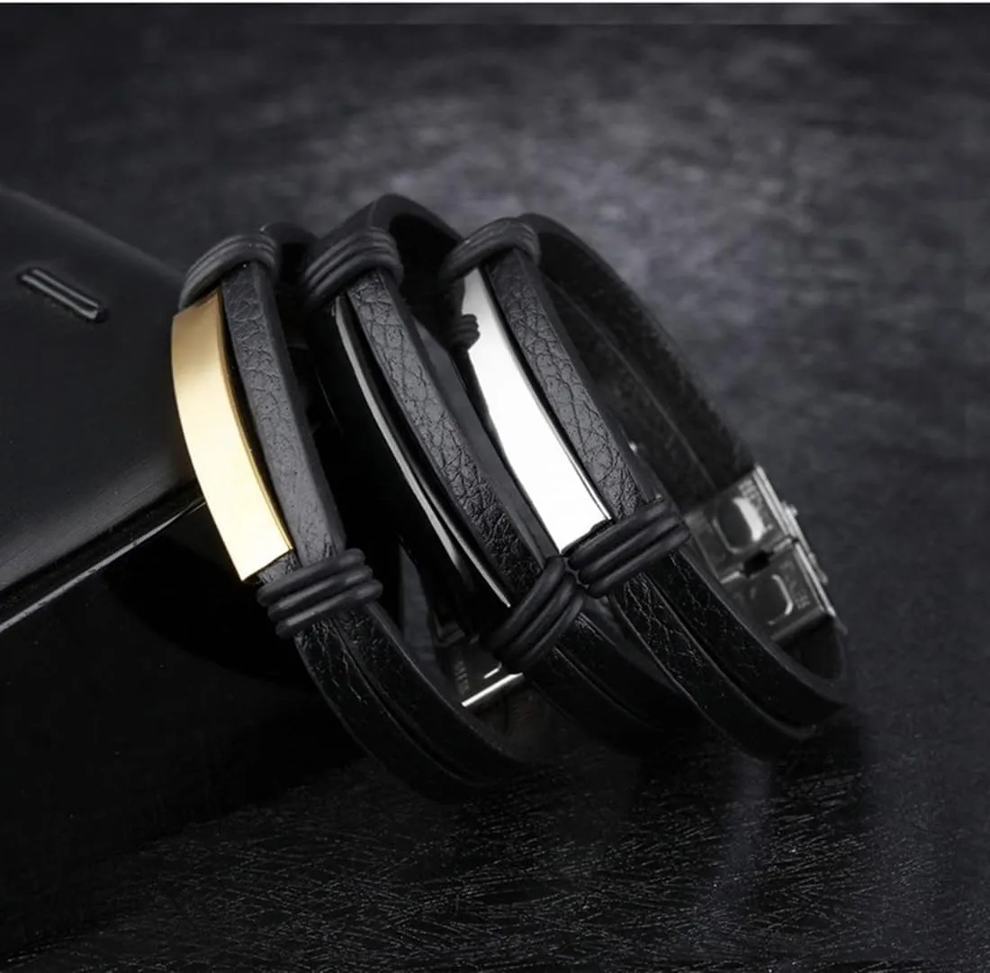 SHNIAN 11MM Double Strand Leather Bracelet with Titanium Steel ID Jewish Prayer Charm Adjustable Modern Hebrew Blessing Stackable Wristbands Personalized Engraving Bracelet for Men Women, 7.87"