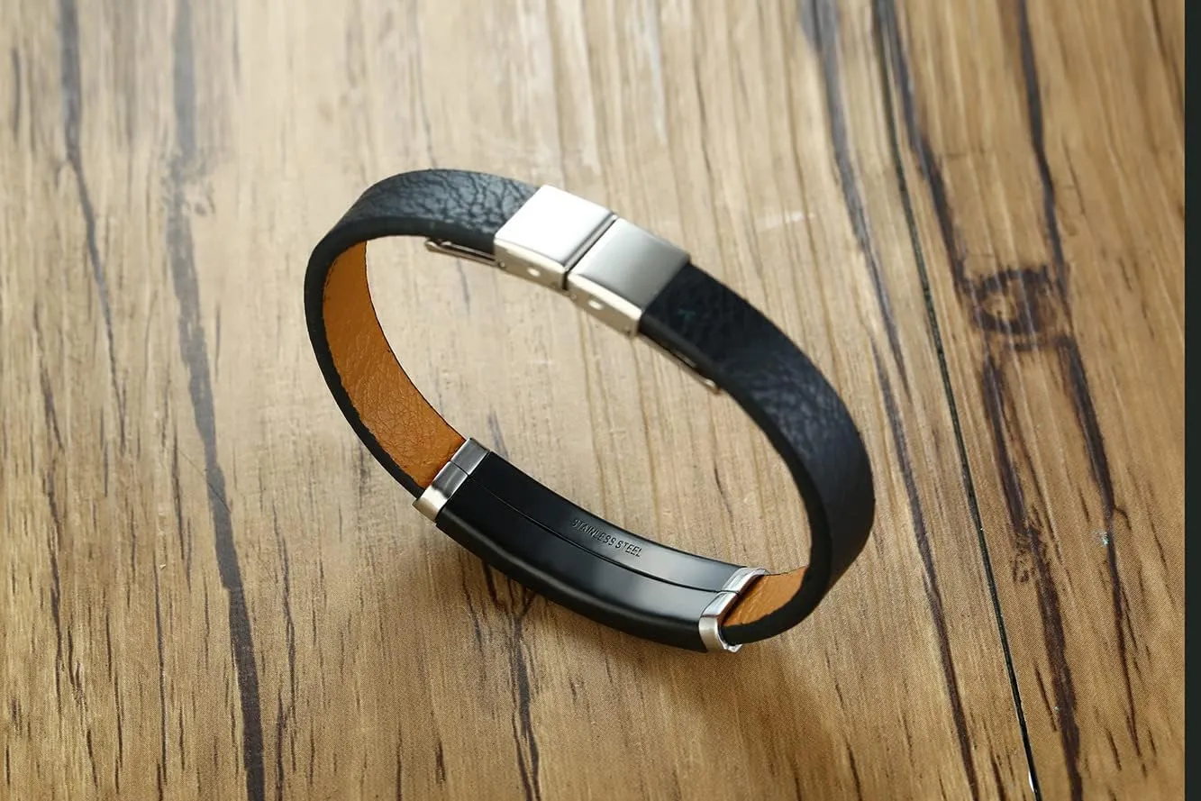 SHNIAN Leather Titanium Steel Material Jewish Prayer Charm Adjustable Bracelet Modern Hebrew Blessing Cuff Wristbands with Double Fold Buckle Personalized Engraving Bracelet for Men Women, 9.05"