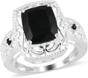 SHOP LC DELIVERING JOY Black Tourmaline Rings - Birthstone Rings for Women - Engagement Promise Ring for Her Statement Vintage Stainless Steel Tourmaline Jewelry Birthday Gifts for Her