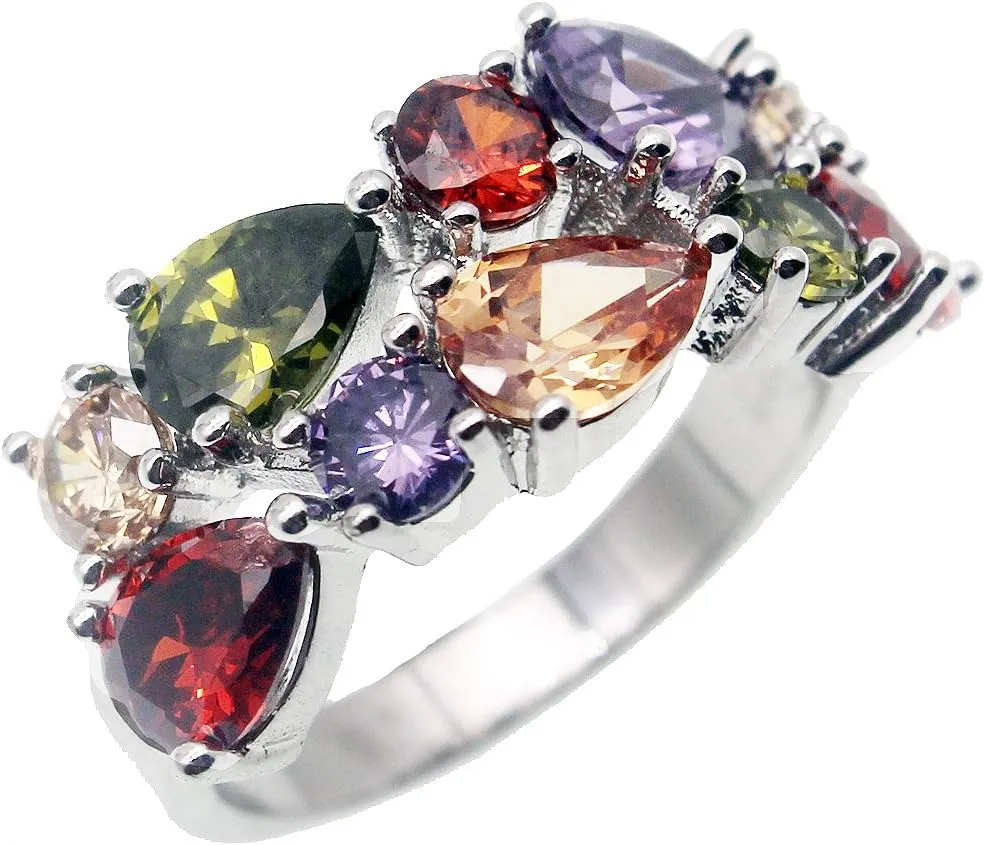 Silver Angel Multicolor Ring Cubic Zirconia Mother's Day Jewelry for Mom Her Band Ring for Women 6 7 8 9 10