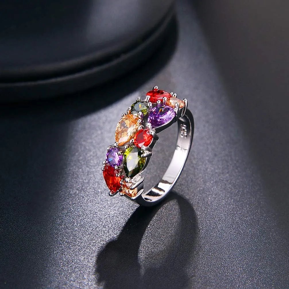 Silver Angel Multicolor Ring Cubic Zirconia Mother's Day Jewelry for Mom Her Band Ring for Women 6 7 8 9 10