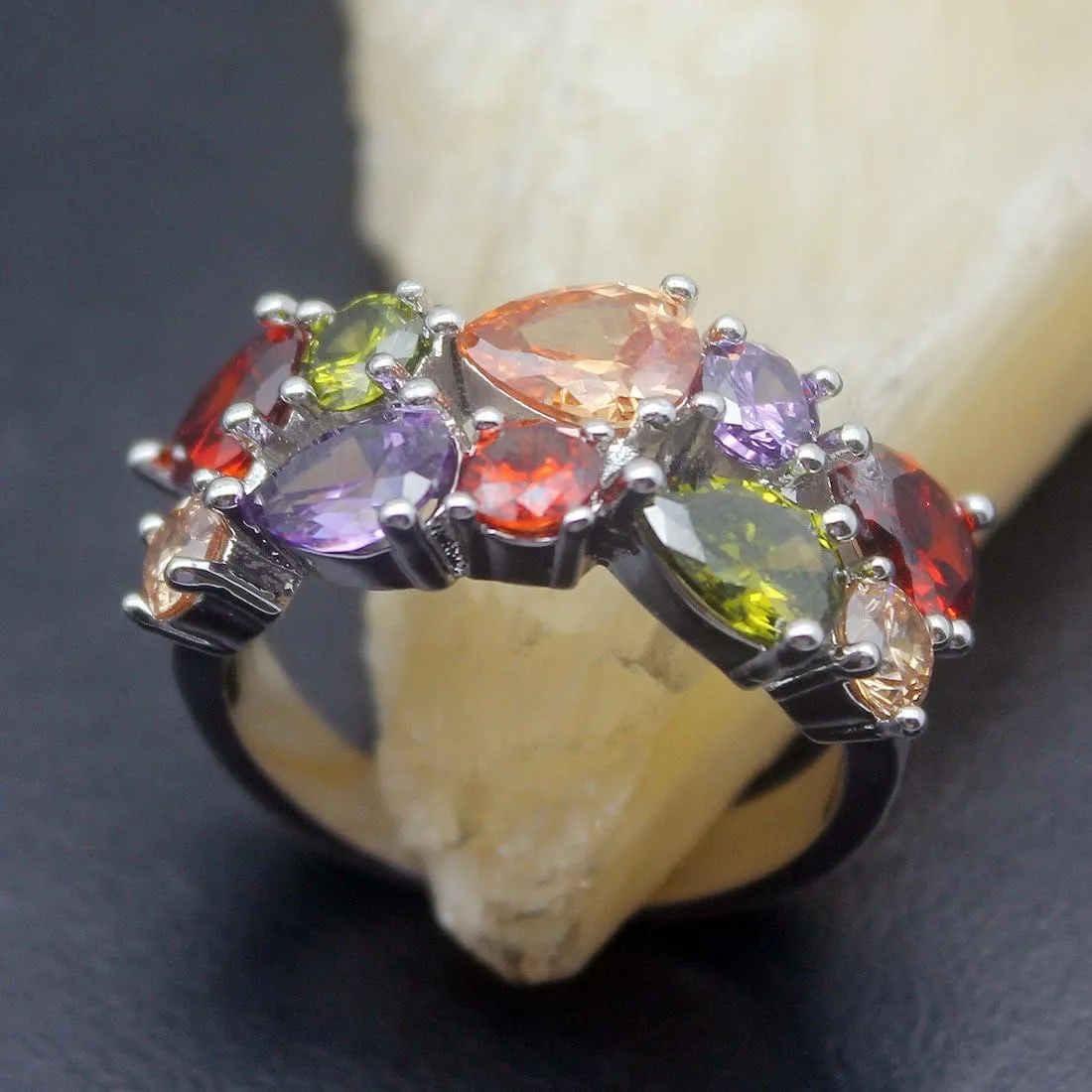 Silver Angel Multicolor Ring Cubic Zirconia Mother's Day Jewelry for Mom Her Band Ring for Women 6 7 8 9 10