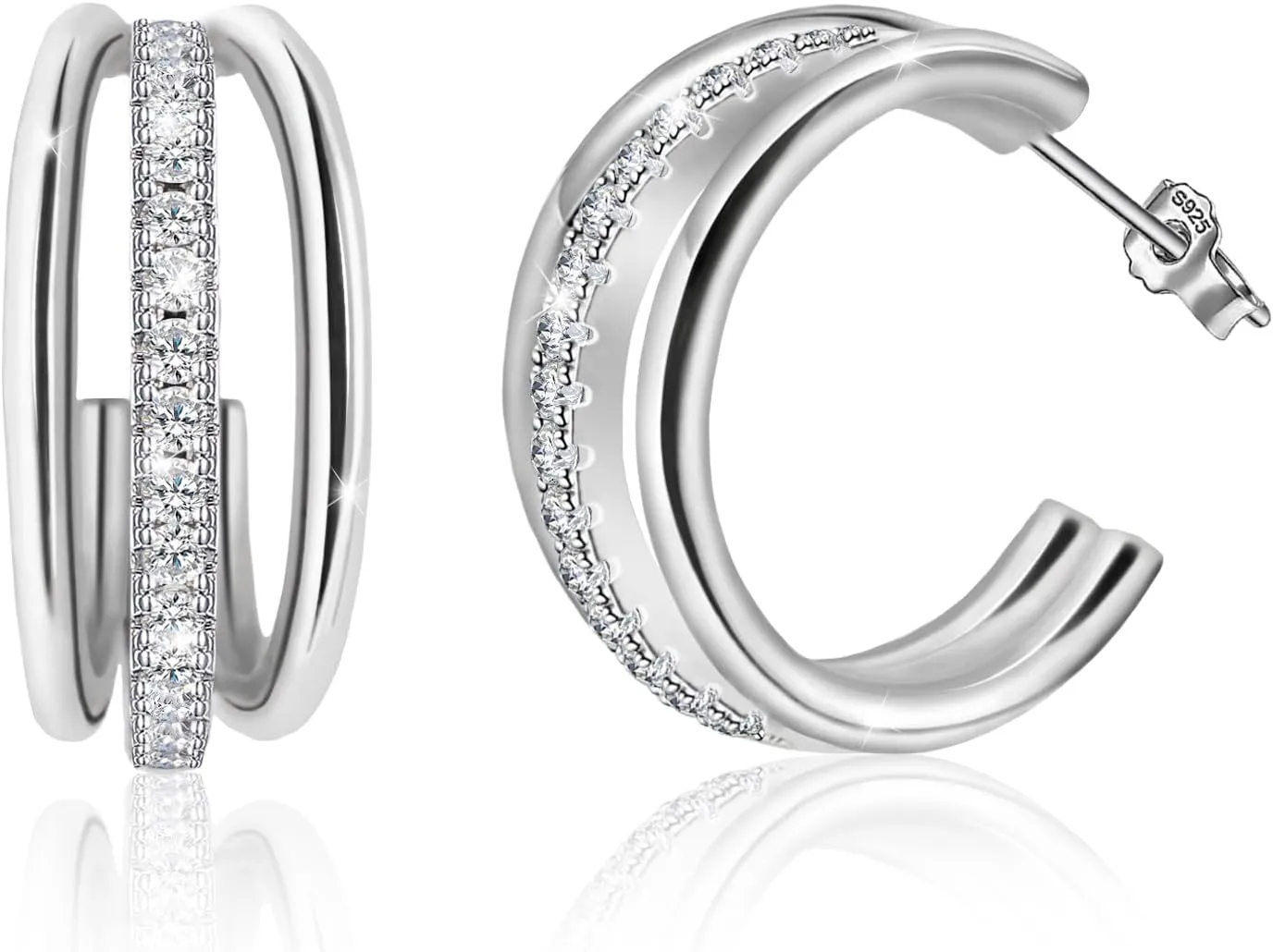 Silver Chunky Hoop Earrings for Women White Gold Half Hoop Earrings Thick Dainty Split CZ Huggie Earrings French Fashion Simple Hypoallergenic Jewelry Birthday Gifts for Her