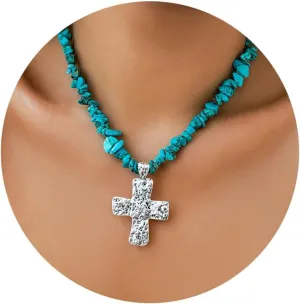 Silver Cross Pendant Turquoise Chain Choker Necklace for Women