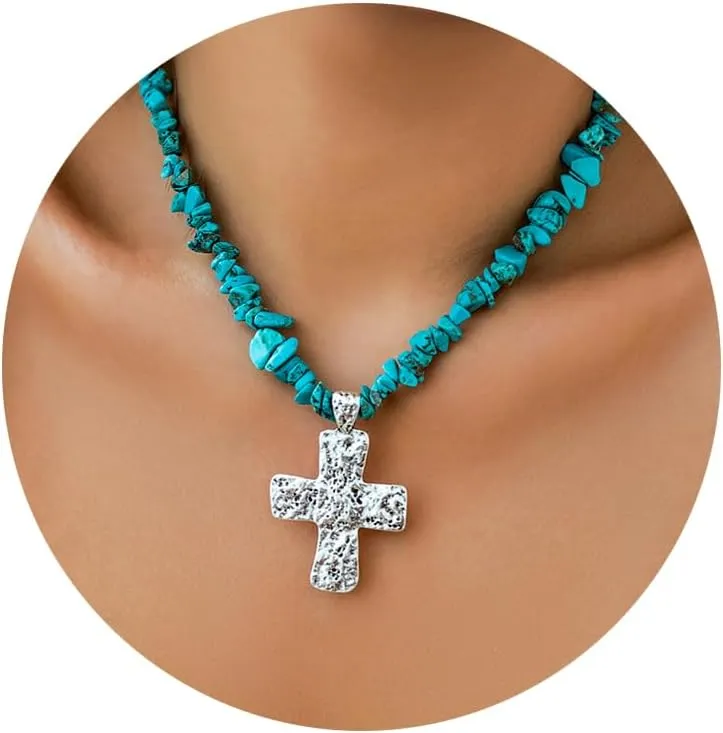 Silver Cross Pendant Turquoise Chain Choker Necklace for Women