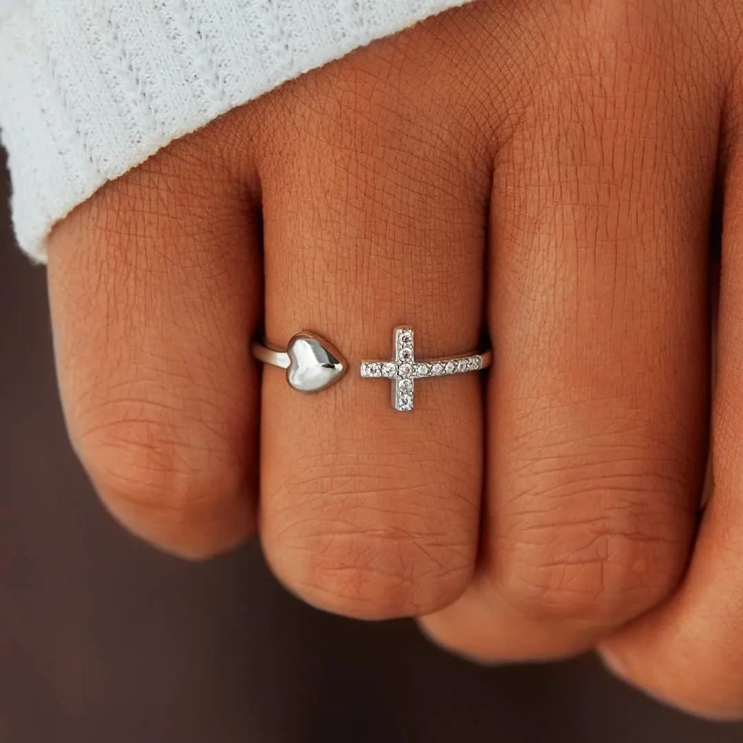 Silver Cross Ring, Faith Ring, Silver Religious Ring, Sterling Silver Stackable Adjustable Ring for Women