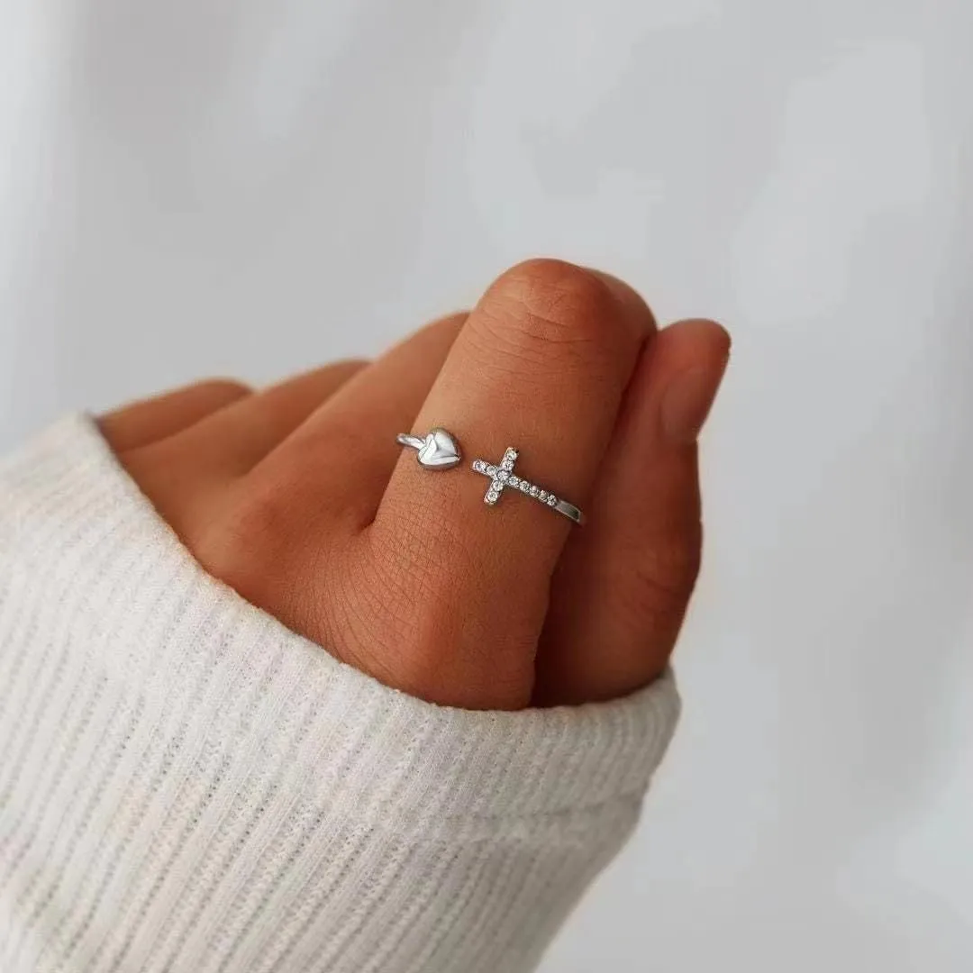 Silver Cross Ring, Faith Ring, Silver Religious Ring, Sterling Silver Stackable Adjustable Ring for Women