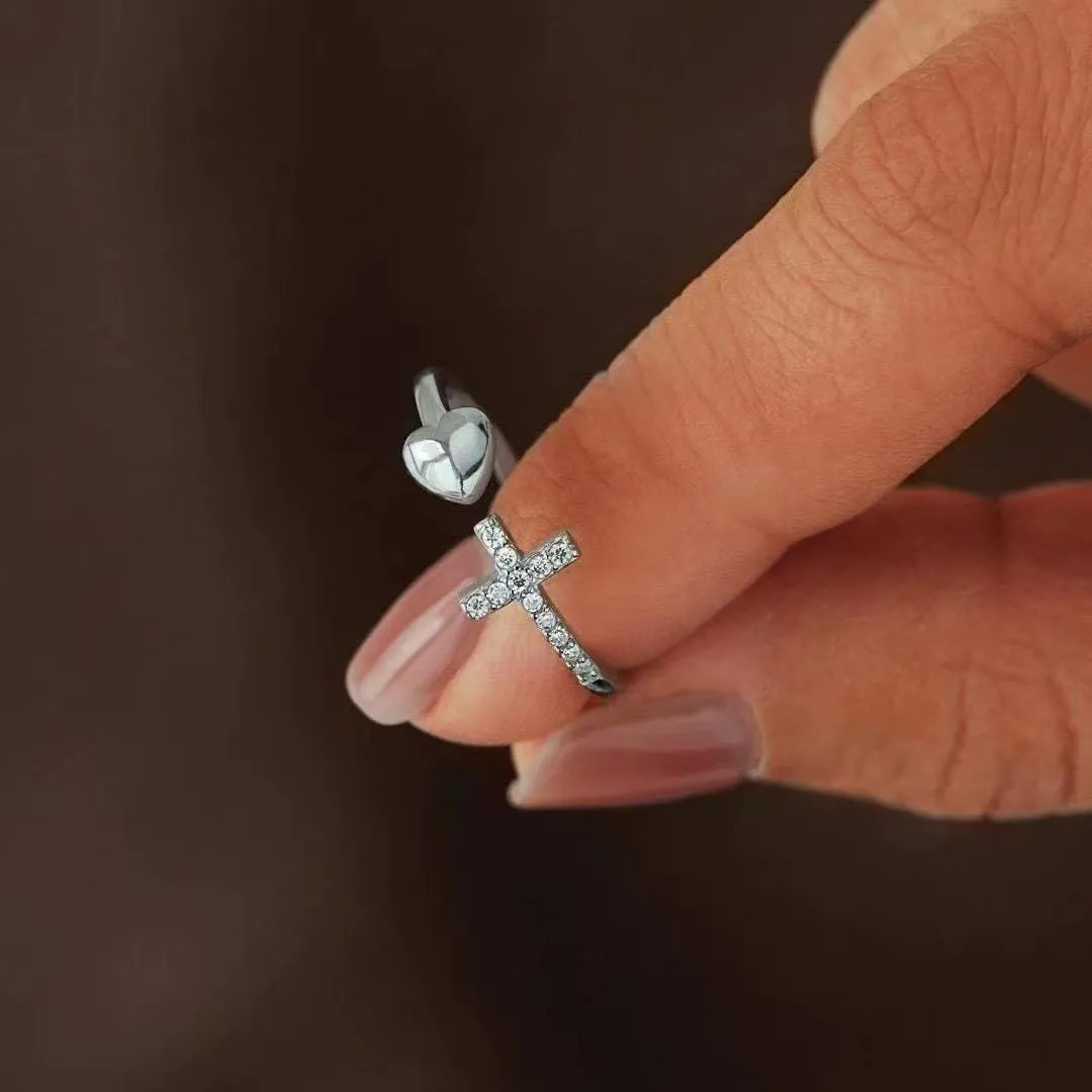 Silver Cross Ring, Faith Ring, Silver Religious Ring, Sterling Silver Stackable Adjustable Ring for Women