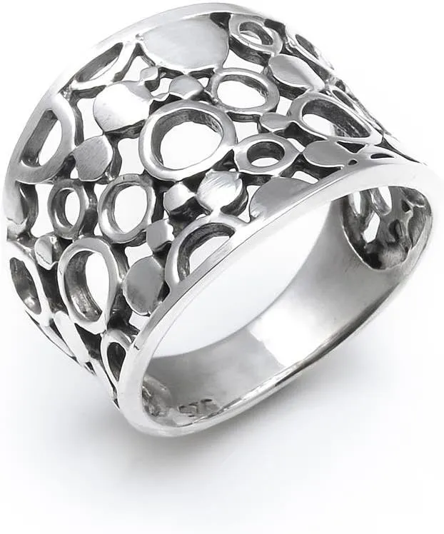 Silverly 16 mm Filigree Circle Sterling Silver Rings for Women 925 - Women's Chunky Rings - Geometric Solid Silver Jewellery for Women - Wide Band Thumb Ring