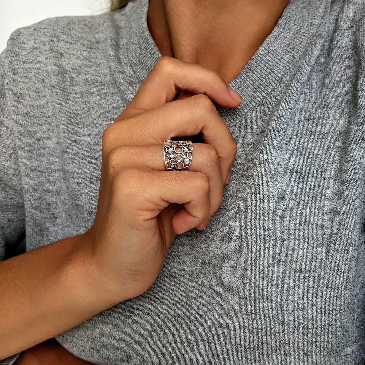 Silverly 16 mm Filigree Circle Sterling Silver Rings for Women 925 - Women's Chunky Rings - Geometric Solid Silver Jewellery for Women - Wide Band Thumb Ring