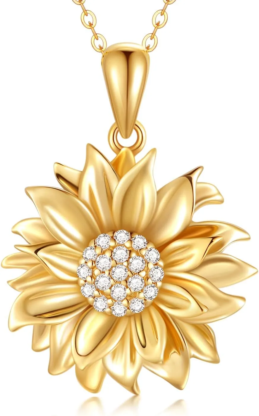SISGEM Solid 14K Sunflower Pendant Necklace, Real Gold Flower Necklace for Women You are May Sunshine Necklace Fine Jewelry Gifts for Wife, Mom, 16''-18''