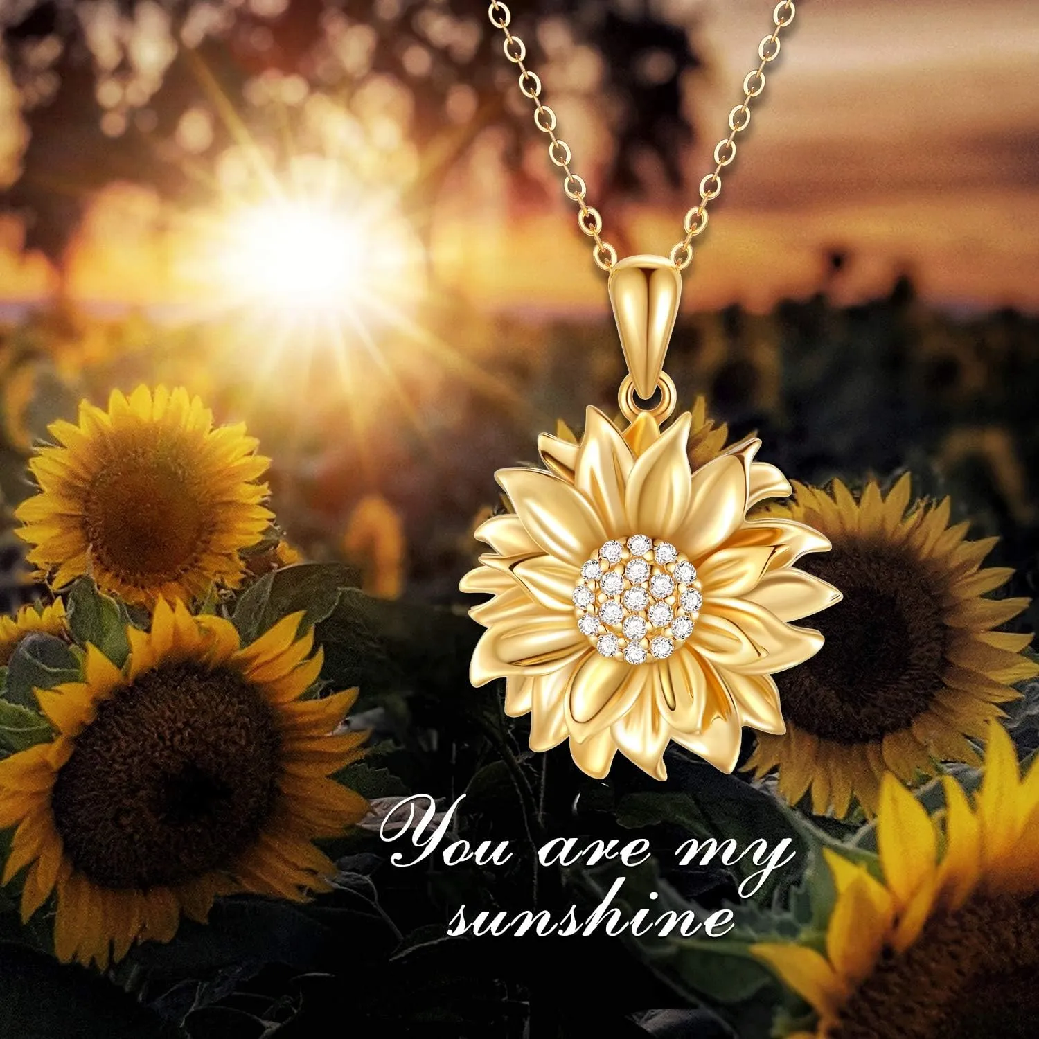SISGEM Solid 14K Sunflower Pendant Necklace, Real Gold Flower Necklace for Women You are May Sunshine Necklace Fine Jewelry Gifts for Wife, Mom, 16''-18''