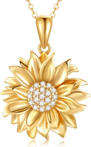 SISGEM Solid 14K Sunflower Pendant Necklace, Real Gold Flower Necklace for Women You are May Sunshine Necklace Fine Jewelry Gifts for Wife, Mom, 16''-18''