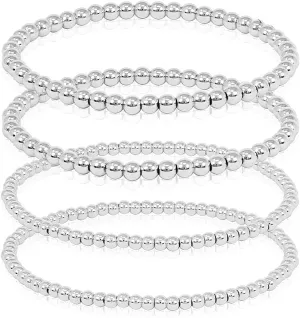 SM Stainless Steel Gold Silver Rose gold Beaded Ball Bracelets Set for Women Stretchable Elastic Bracelet (Set 4pcs - 4mm(2)   (2) - Silver)
