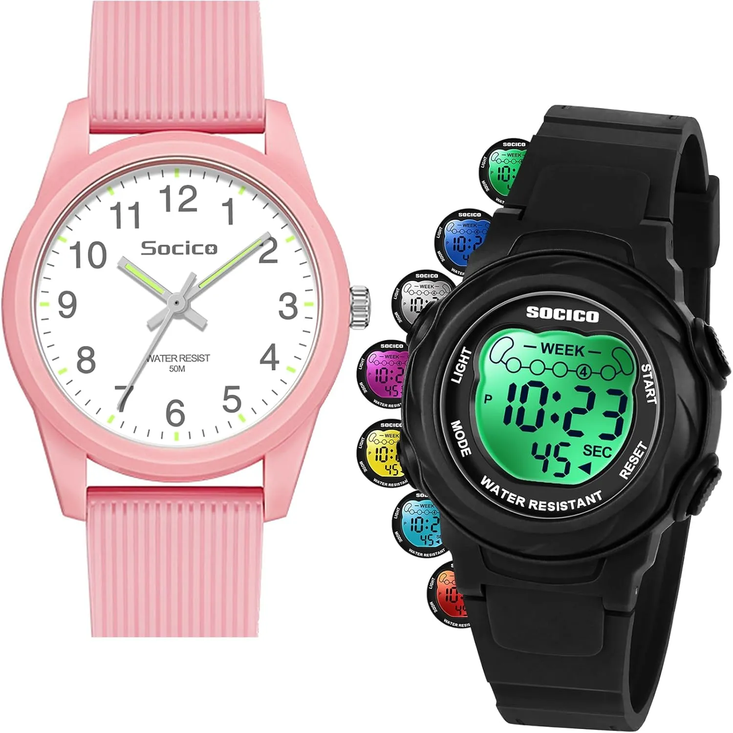 SOCICO Kids Watches for Boys & Girls  Digital 7 Color Lights, Stopwatch, Alarm & Analog Easy Time Learning  50M Waterproof, Soft Durable Bands, Great Gift for Ages 4-12