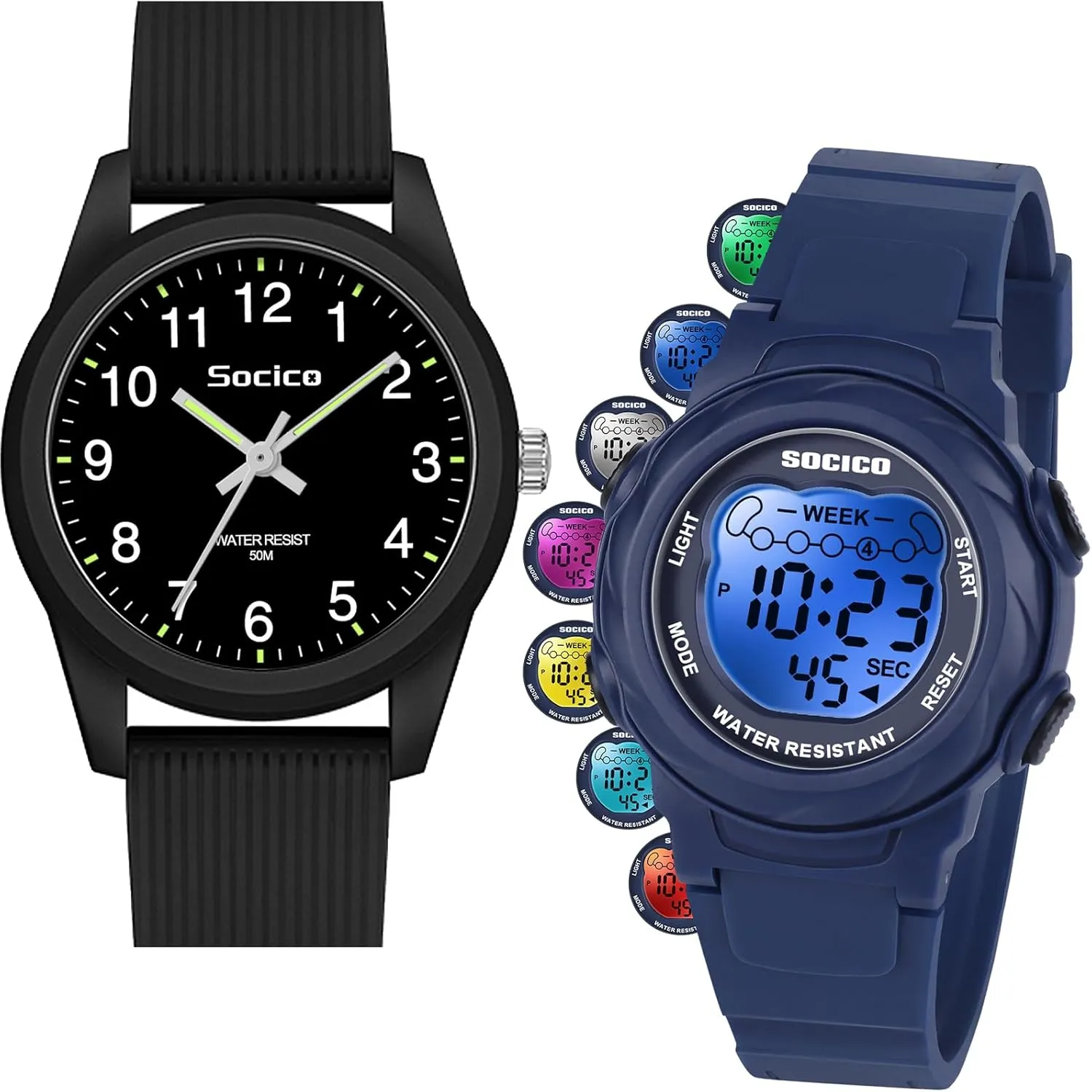 SOCICO Kids Watches for Boys & Girls  Digital 7 Color Lights, Stopwatch, Alarm & Analog Easy Time Learning  50M Waterproof, Soft Durable Bands, Great Gift for Ages 4-12