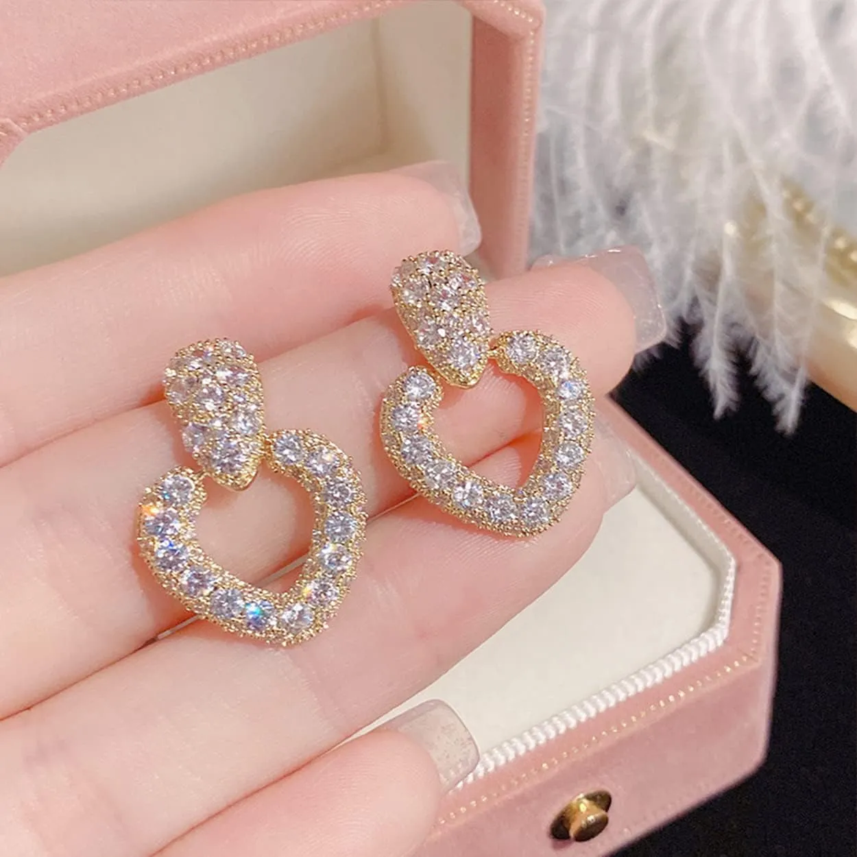 Sonateomber Gold Statement Dangle Earrings for Women - Cute Sparkly Pave Cubic Zirconia Crystal Rhinestone Drop Chandelier Dangling Post Back - Prom Party Christmas Wedding Jewelry Gifts