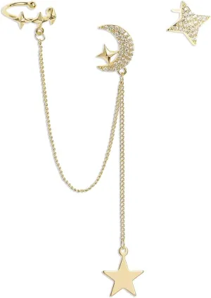 Sonateomber Star Moon Dangle Ear Cuff Earrings for Women  Cute Small Angel Star Asymmetrical Stud long Chain tassel Drop Dangling Cartilage Crawler Wrap Jewelry Gifts