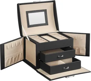 SONGMICS 3-Tier Jewelry Box, Travel Jewelry Case with Handle, 2 Drawers, Lockable Jewelry Organizer with Mirror, Jewelry Storage, Modern Style, Gift for Loved Ones, Black UJBC154B01