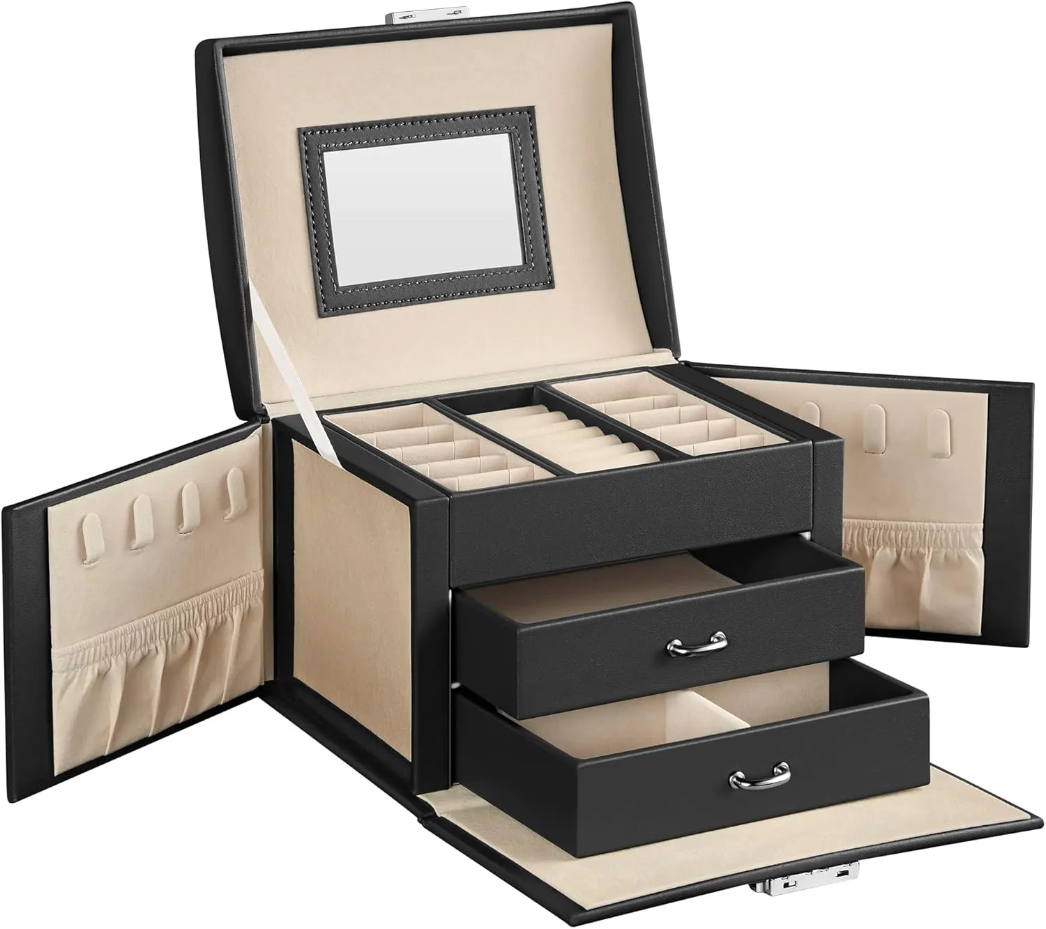 SONGMICS 3-Tier Jewelry Box, Travel Jewelry Case with Handle, 2 Drawers, Lockable Jewelry Organizer with Mirror, Jewelry Storage, Modern Style, Gift for Loved Ones, Black UJBC154B01