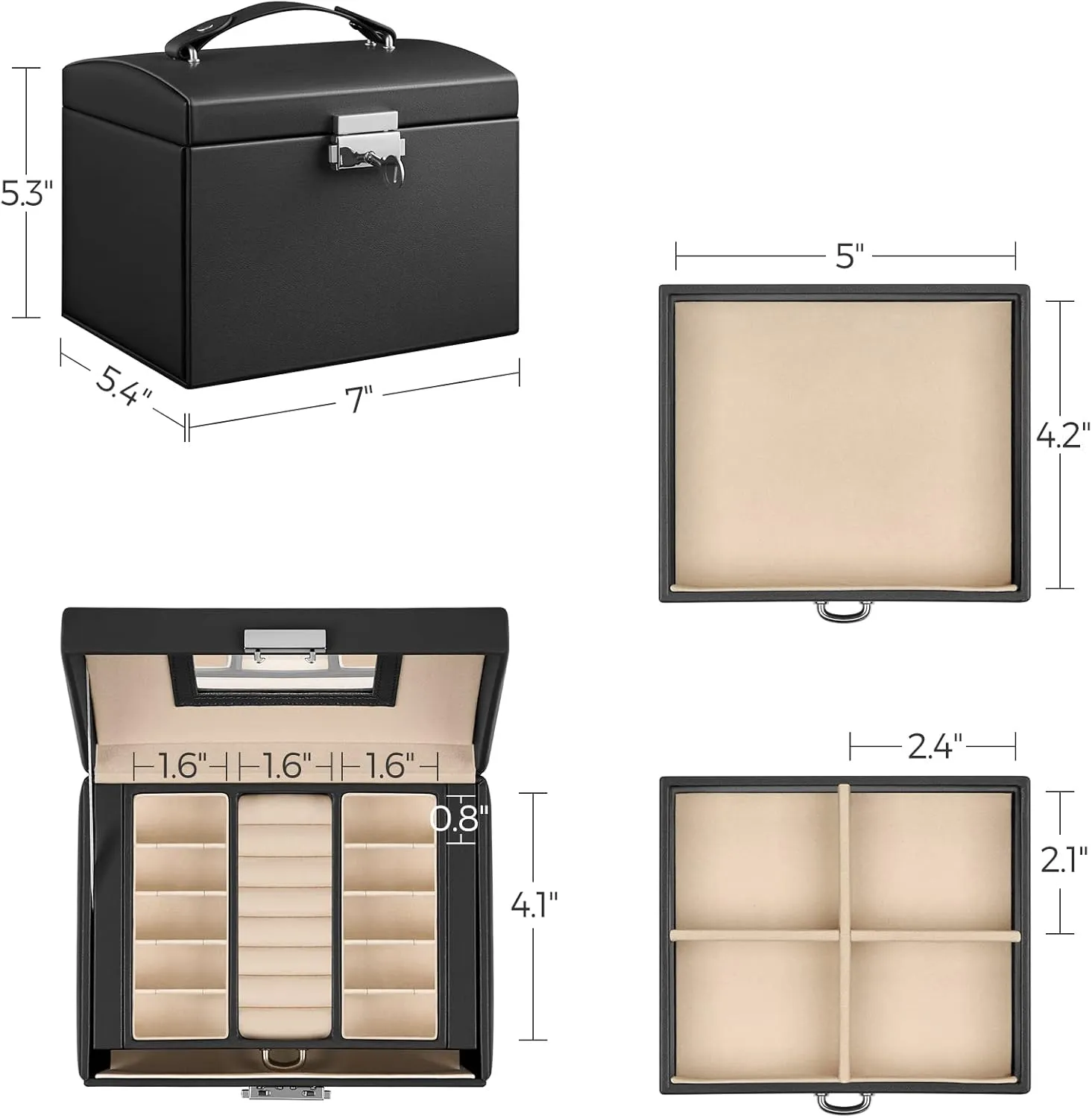 SONGMICS 3-Tier Jewelry Box, Travel Jewelry Case with Handle, 2 Drawers, Lockable Jewelry Organizer with Mirror, Jewelry Storage, Modern Style, Gift for Loved Ones, Black UJBC154B01