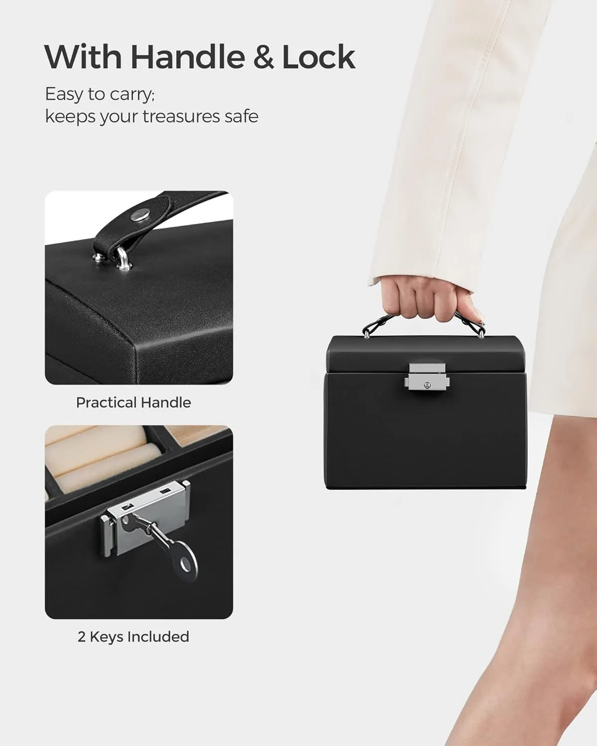 SONGMICS 3-Tier Jewelry Box, Travel Jewelry Case with Handle, 2 Drawers, Lockable Jewelry Organizer with Mirror, Jewelry Storage, Modern Style, Gift for Loved Ones, Black UJBC154B01