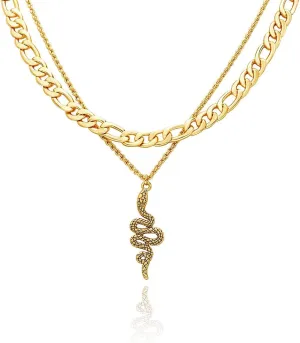Sora Tuki Gold and Silver Snake Necklace - Layered Serpent Pendant for Women - Trendy Dainty Jewelry