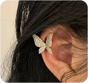 Sparkly Cubic Zirconia Butterfly Ear Cuffs Earrings for Women, Charm 14K Gold Non Piercing Clip On Butterfly Earrings Trendy Aesthetic Animal Jewelry
