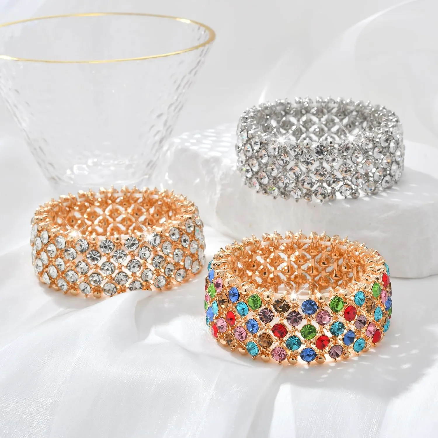 Sparkly Gold Colorful Rhinestone Crystal Tennis Adjustable Chunky Elastic Stretch Bracelet for Women for Prom Cocktail Costume Jewelry Accessory