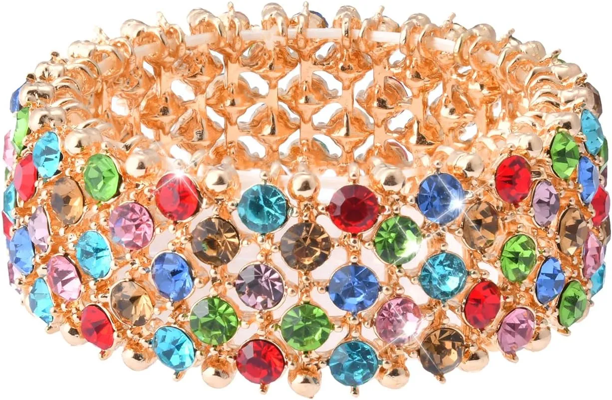 Sparkly Gold Colorful Rhinestone Crystal Tennis Adjustable Chunky Elastic Stretch Bracelet for Women for Prom Cocktail Costume Jewelry Accessory