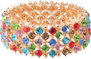 Sparkly Gold Colorful Rhinestone Crystal Tennis Adjustable Chunky Elastic Stretch Bracelet for Women for Prom Cocktail Costume Jewelry Accessory