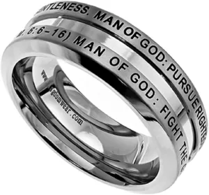 Spirit & Truth Solid Stainless Steel Christian Man of God Ring 1 Timothy 6:6-16, Guy's Purity Ring with Comfort Fit Interior Strong Masculine Appearance