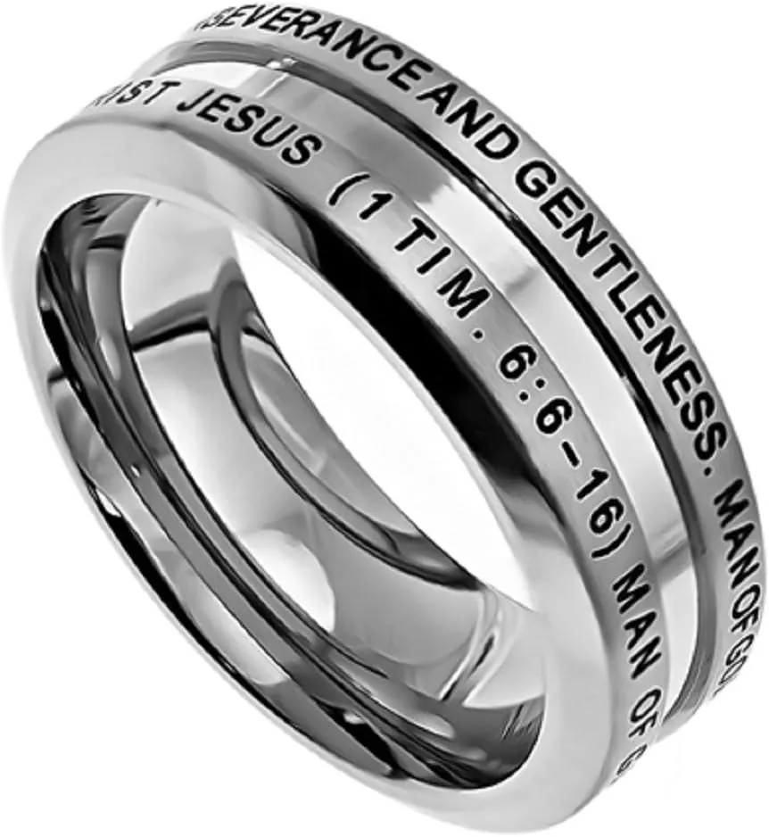 Spirit & Truth Solid Stainless Steel Christian Man of God Ring 1 Timothy 6:6-16, Guy's Purity Ring with Comfort Fit Interior Strong Masculine Appearance