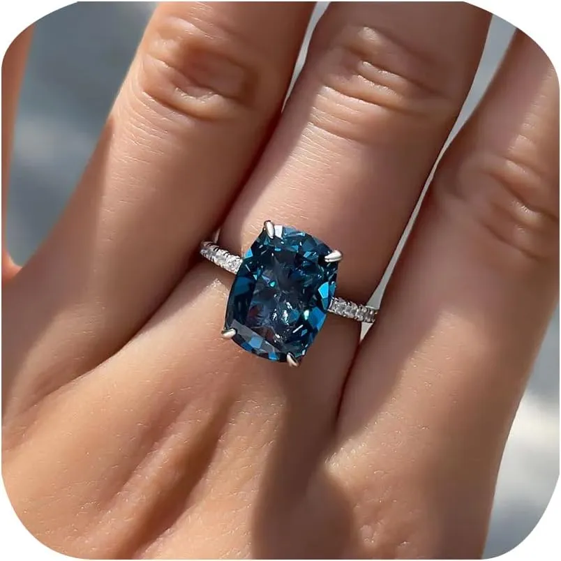 Square-Cut Blue Topaz Halo Cubic Zirconia CZ Engagement Rings Wedding Party Statement Cocktails Classic Sapphire 925 Sterling Silver Solitaire Diamond Anniversary Promise Ring for Women Size 8