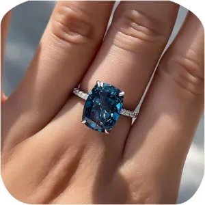 Square-Cut Blue Topaz Halo Cubic Zirconia CZ Engagement Rings Wedding Party Statement Cocktails Classic Sapphire 925 Sterling Silver Solitaire Diamond Anniversary Promise Ring for Women Size 8