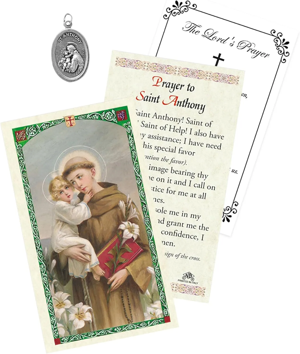 St Anthony Pendant - Laminated Saint Anthony Prayer Card, The Lord's Prayer - 1 Inch St Anthony Medal - St Anthony of Padua Medal, Catholic Cards - Patron Saint of Lost Things Themed Set - 3 Items
