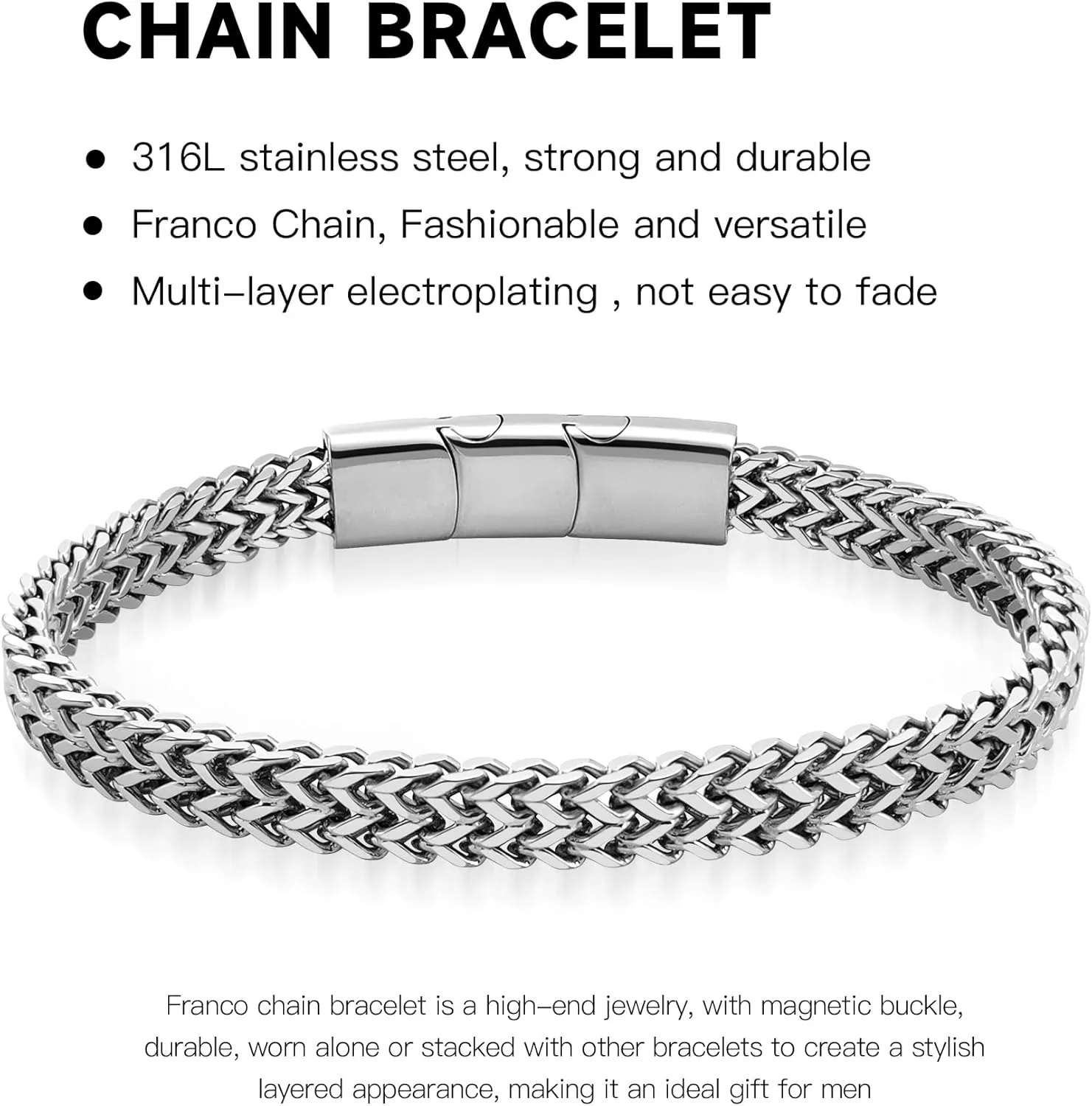 Stainless Steel Franco Chain Bracelets for Men - 6mm/8mm/10mm/12mm Width, 7.5"/8.3" Length, Black & 18K Metal, Durable and Adjustable Cuban Link Bracelet