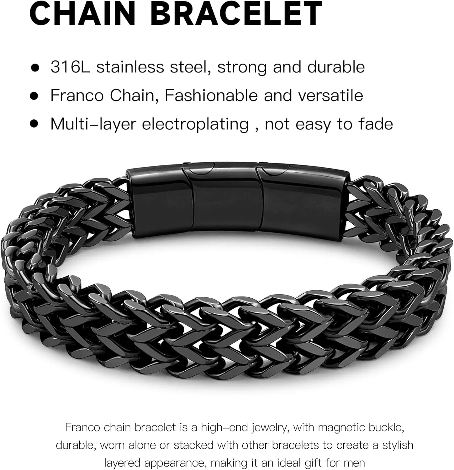 Stainless Steel Franco Chain Bracelets for Men - 6mm/8mm/10mm/12mm Width, 7.5"/8.3" Length, Black & 18K Metal, Durable and Adjustable Cuban Link Bracelet