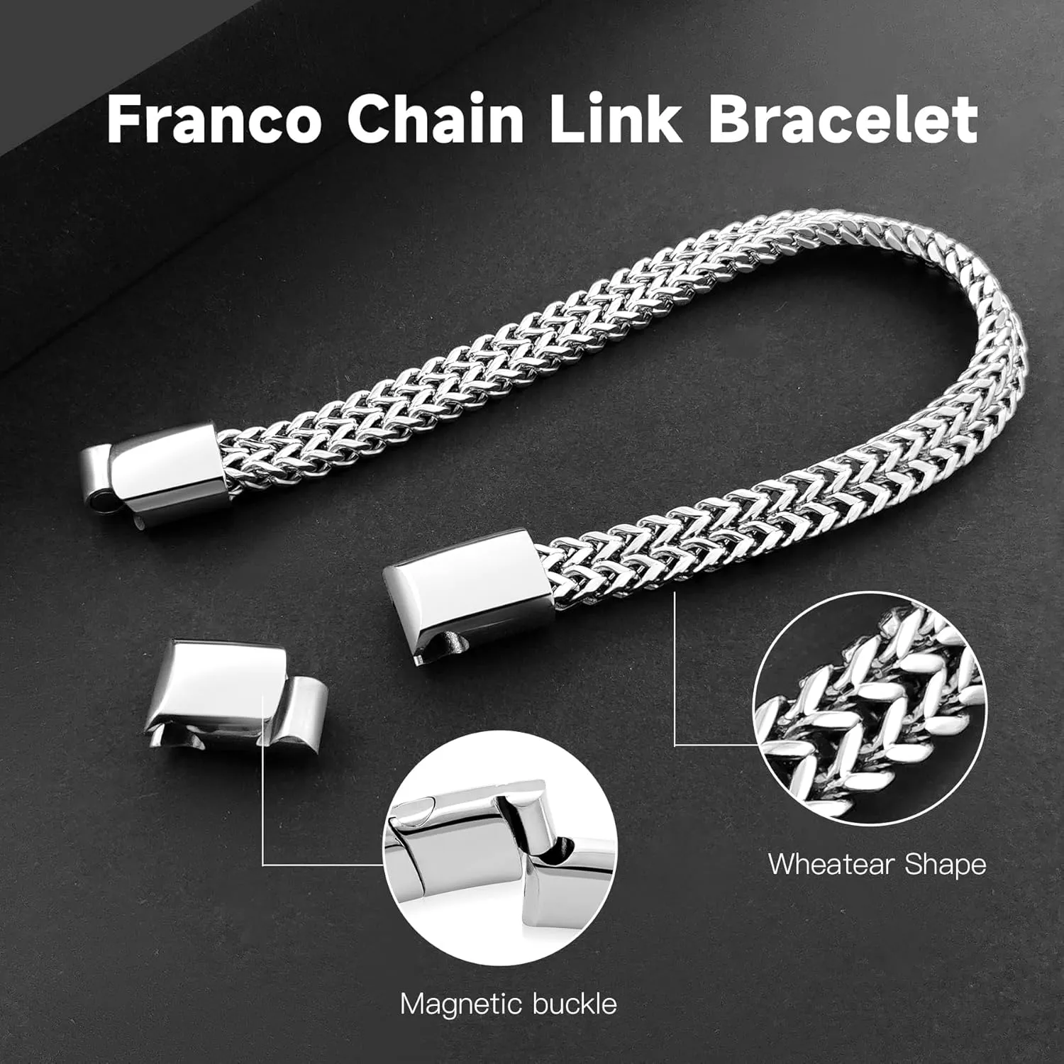 Stainless Steel Franco Chain Bracelets for Men - 6mm/8mm/10mm/12mm Width, 7.5"/8.3" Length, Black & 18K Metal, Durable and Adjustable Cuban Link Bracelet
